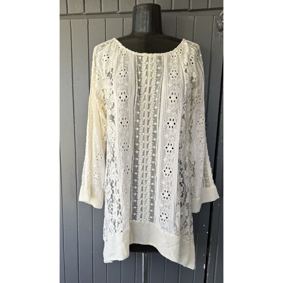 SUNDANCE Anthropologie M Lace Sheer Tunic Top Cream Boho Chic Cottagecore Retro - Picture 2 of 10